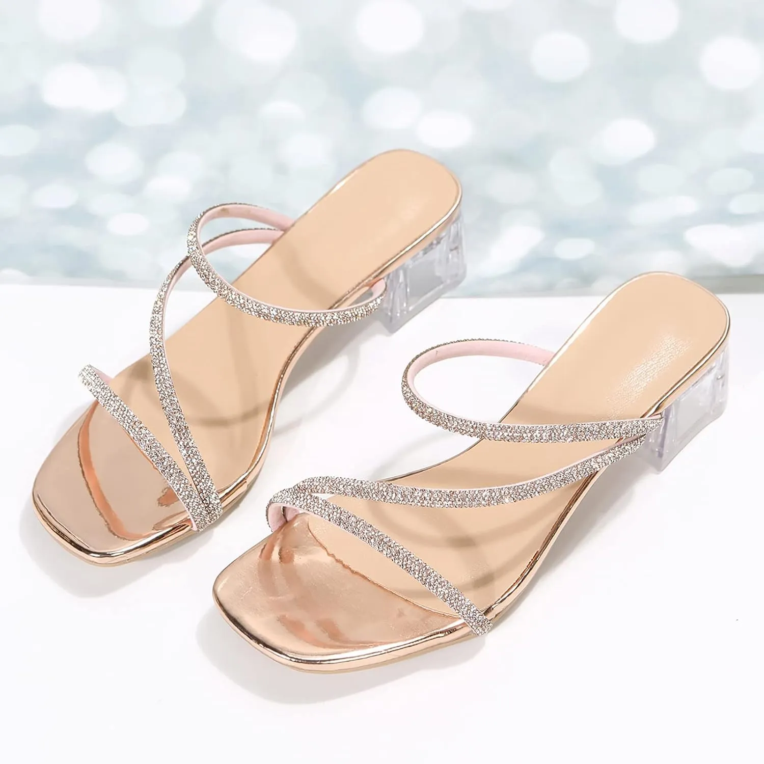 Chunky Heels for Women Clear Rhinestone Heels Slippers Square Open Toe Low Block Sandals Summer Dress Shoes