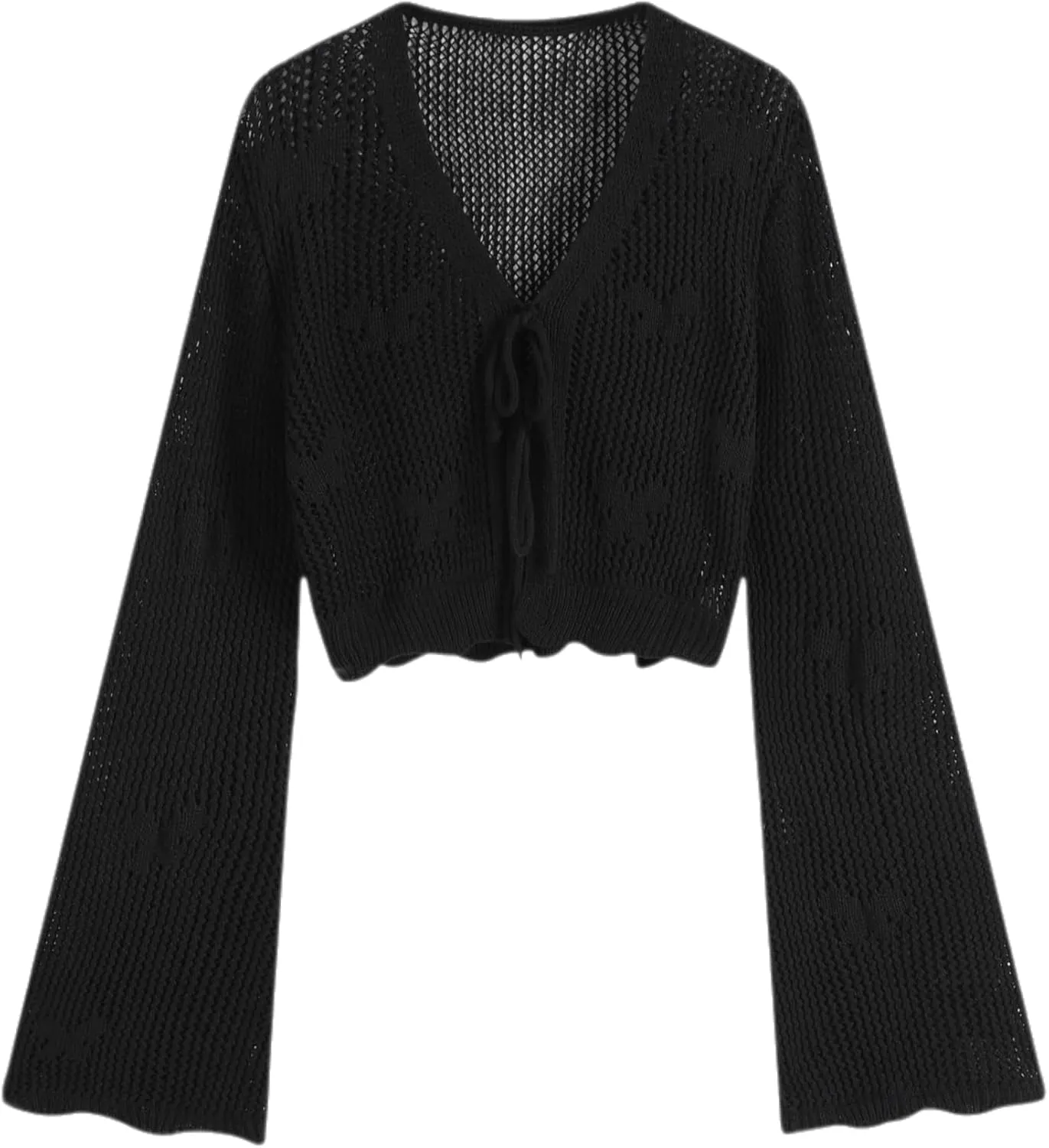 CIDER Solid Hollow Out Knit Knotted Cardigan: Black, XS