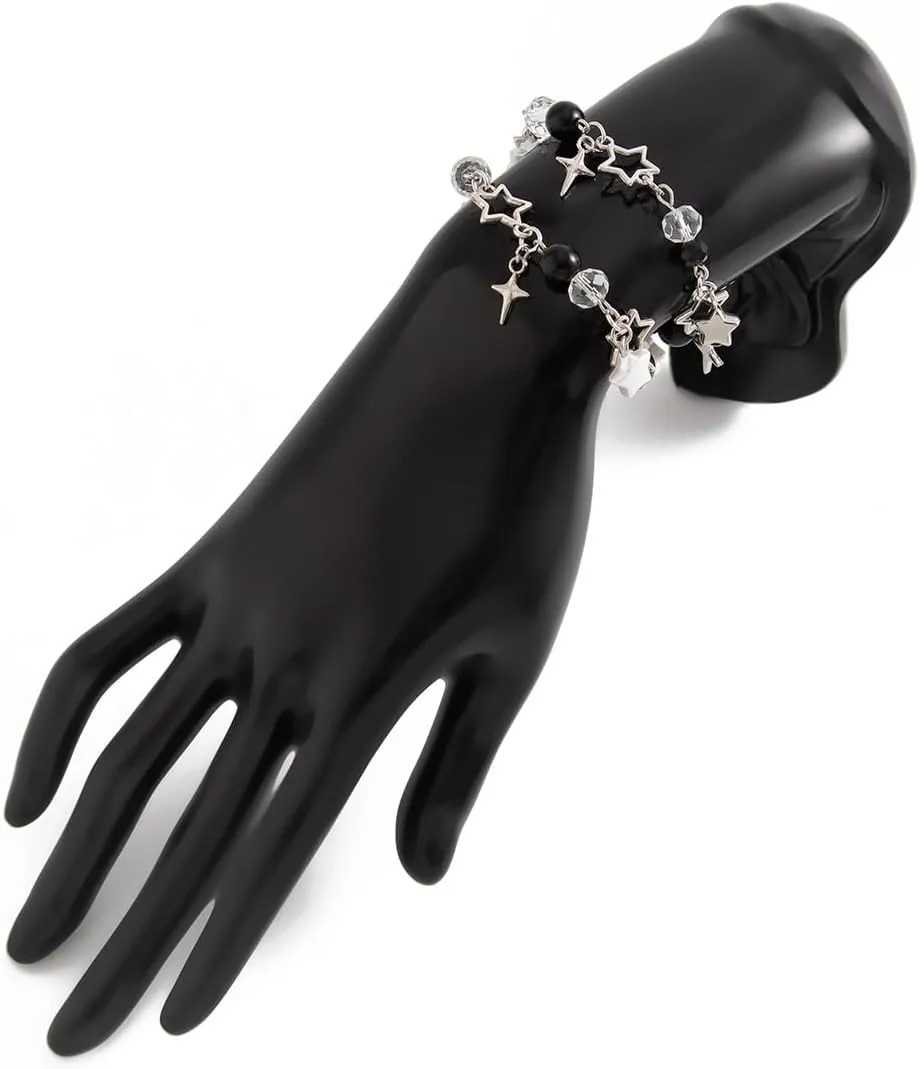 Cool Punk Y2K Star Beaded Bracelet for Women Handmade Pentagram Star Strawberry Flower Bracelet Aesthetic Grunge Punk Beads Bracelet for Couples Friends BFF Jewelry Gifts
