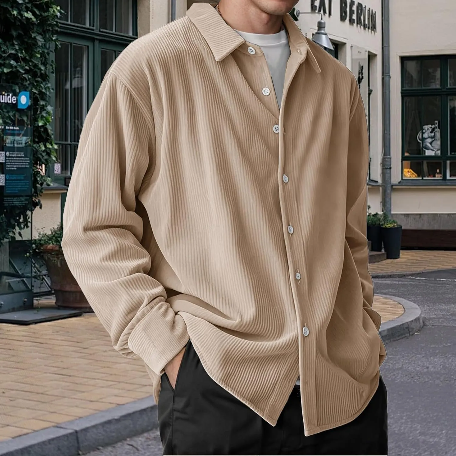 Corduroy Shirt Mens Lapel Long Sleeve Wrinkle Free Shirts Casual Button Down Shirts Work Overshirt Shackets for Men