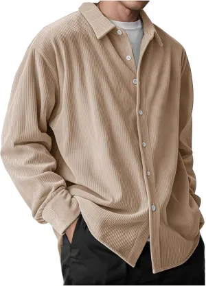 Corduroy Shirt Mens Lapel Long Sleeve Wrinkle Free Shirts Casual Button Down Shirts Work Overshirt Shackets for Men