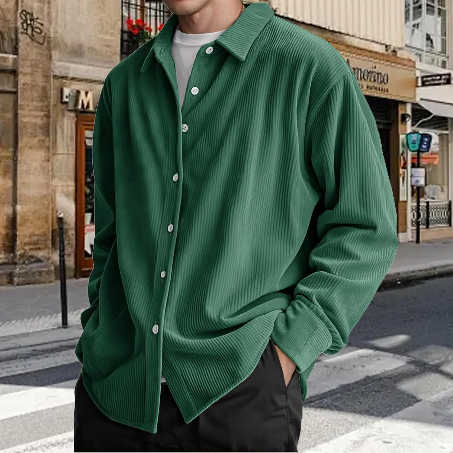 Corduroy Shirt Mens Lapel Long Sleeve Wrinkle Free Shirts Casual Button Down Shirts Work Overshirt Shackets for Men