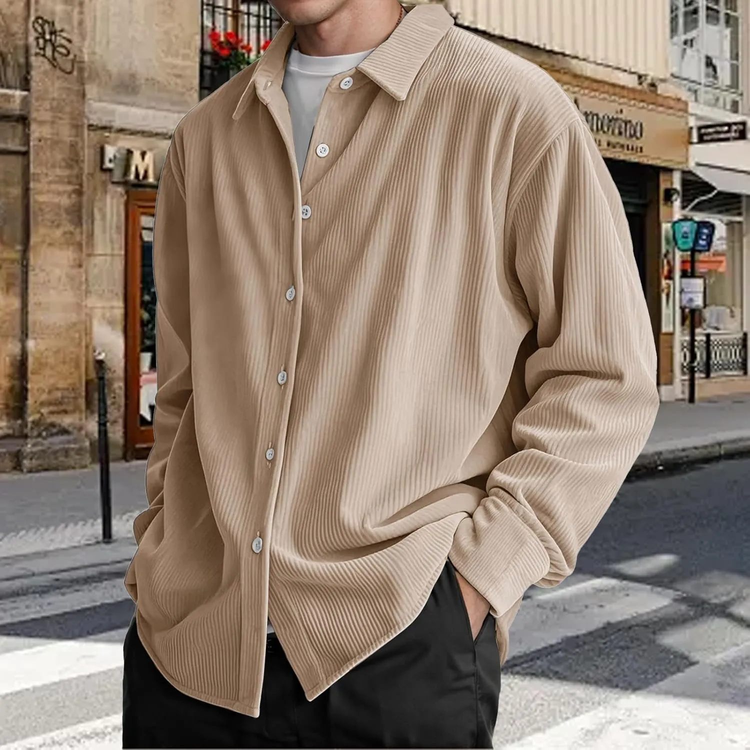 Corduroy Shirt Mens Lapel Long Sleeve Wrinkle Free Shirts Casual Button Down Shirts Work Overshirt Shackets for Men