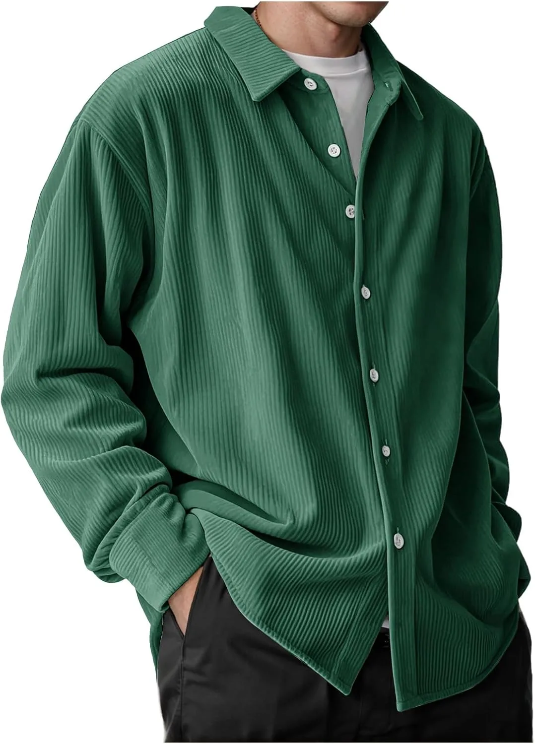 Corduroy Shirt Mens Lapel Long Sleeve Wrinkle Free Shirts Casual Button Down Shirts Work Overshirt Shackets for Men