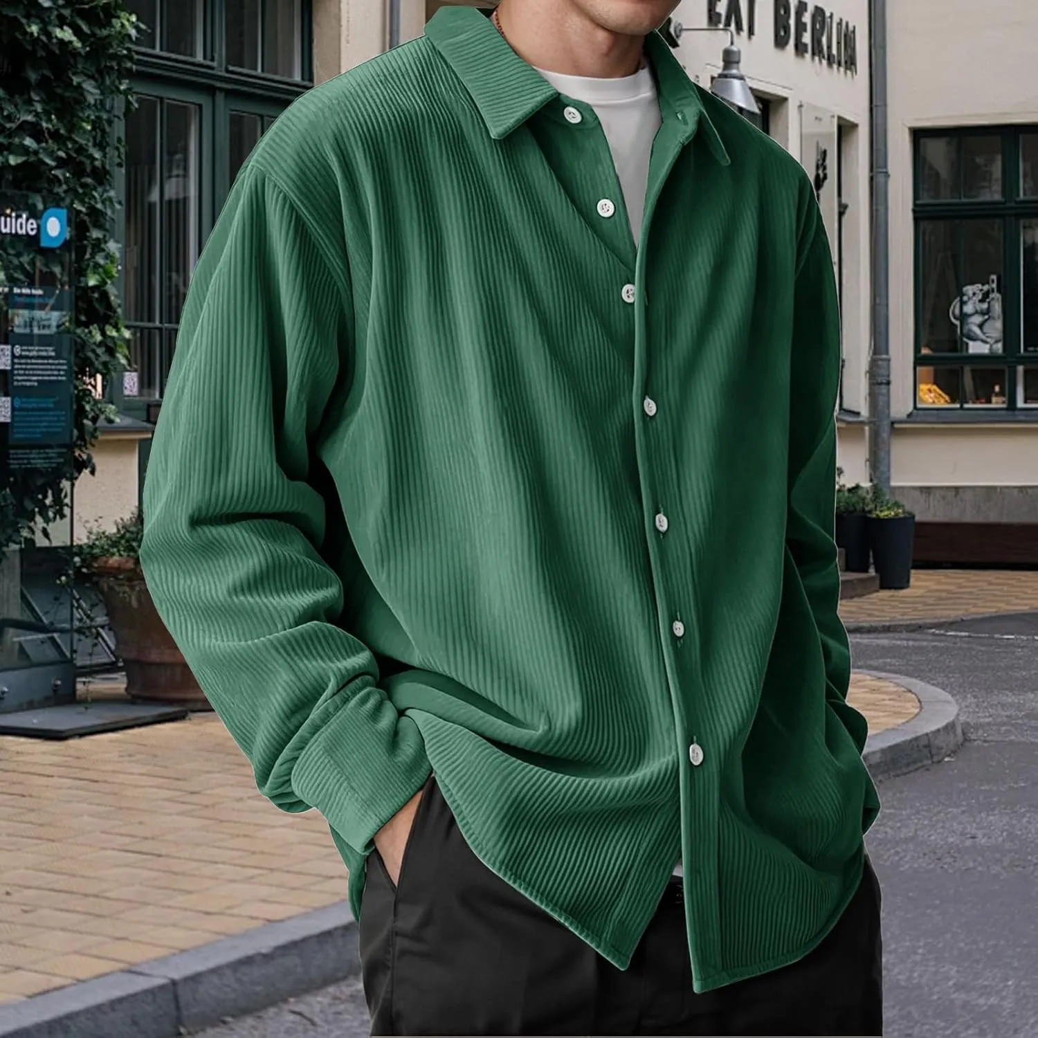 Corduroy Shirt Mens Lapel Long Sleeve Wrinkle Free Shirts Casual Button Down Shirts Work Overshirt Shackets for Men