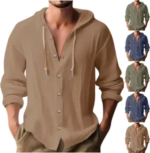 Cotton Linen Button Down Shirts for Men Long Sleeve Drawstring Hooded Tops Casual Lightweight Hoodie Shirt