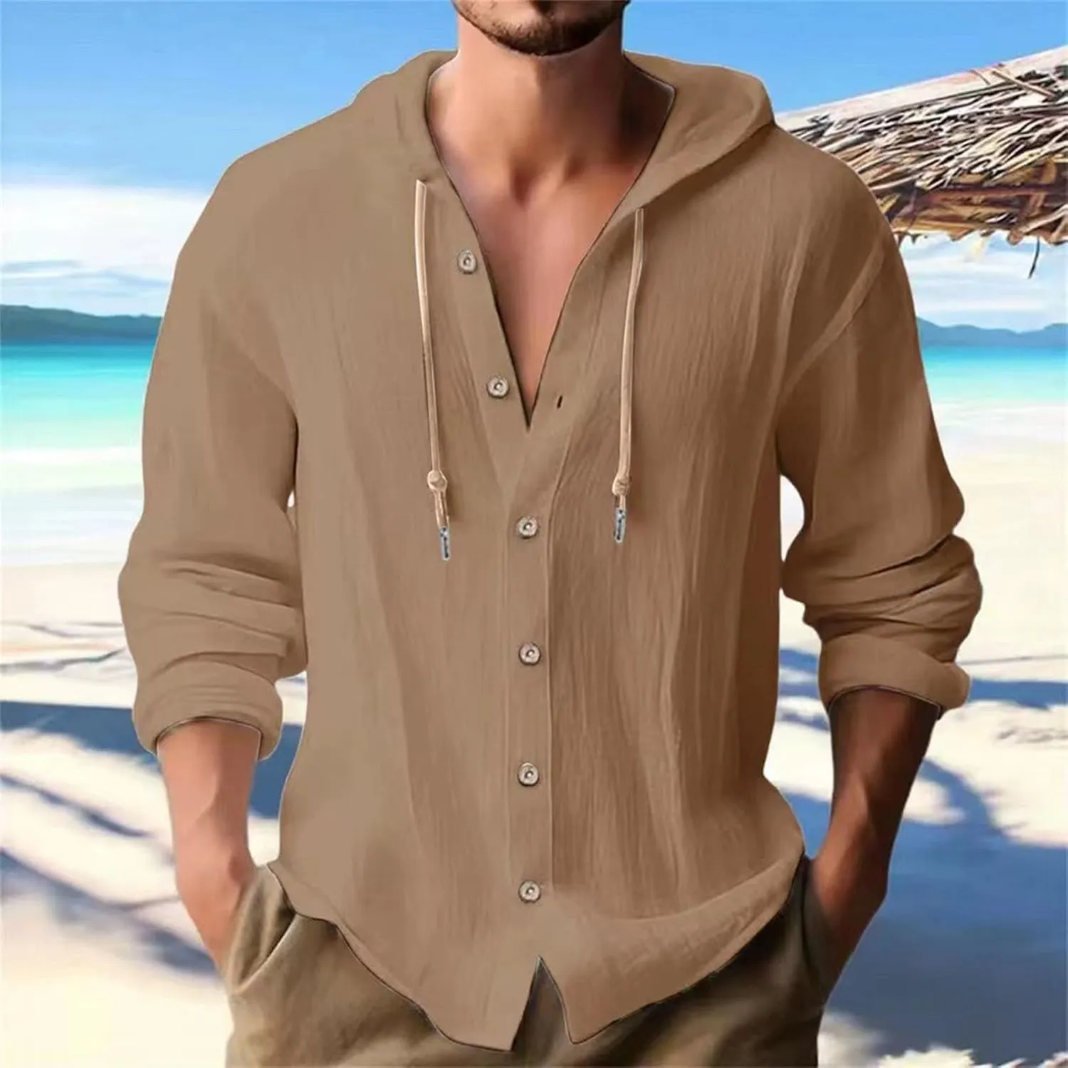 Cotton Linen Button Down Shirts for Men Long Sleeve Drawstring Hooded Tops Casual Lightweight Hoodie Shirt