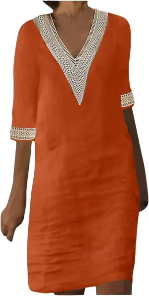 Cotton Linen Dresses for Women Lace V Neck 3/4 Sleeve Knee Length Shift Dresses Trendy Elegant Plain Beach Midi Dress