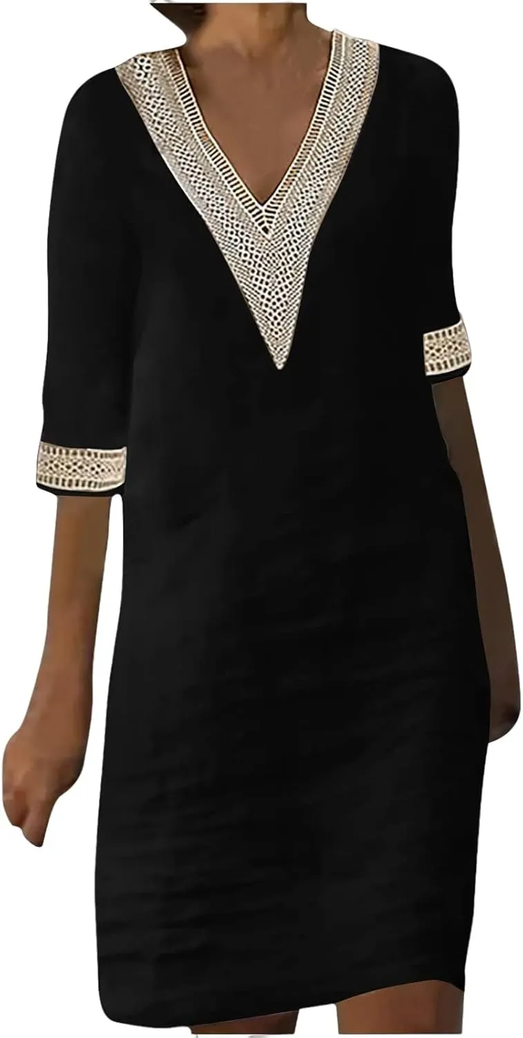 Cotton Linen Dresses for Women Lace V Neck 3/4 Sleeve Knee Length Shift Dresses Trendy Elegant Plain Beach Midi Dress