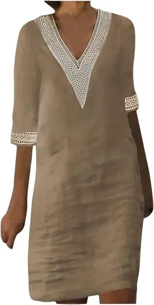 Cotton Linen Dresses for Women Lace V Neck 3/4 Sleeve Knee Length Shift Dresses Trendy Elegant Plain Beach Midi Dress