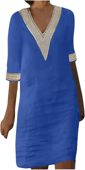 Cotton Linen Dresses for Women Lace V Neck 3/4 Sleeve Knee Length Shift Dresses Trendy Elegant Plain Beach Midi Dress