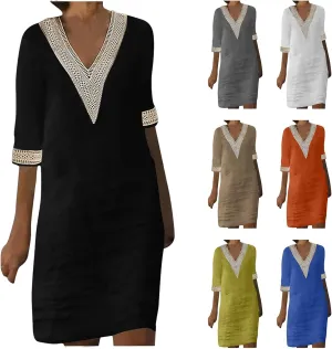Cotton Linen Dresses for Women Lace V Neck 3/4 Sleeve Knee Length Shift Dresses Trendy Elegant Plain Beach Midi Dress