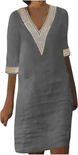 Cotton Linen Dresses for Women Lace V Neck 3/4 Sleeve Knee Length Shift Dresses Trendy Elegant Plain Beach Midi Dress