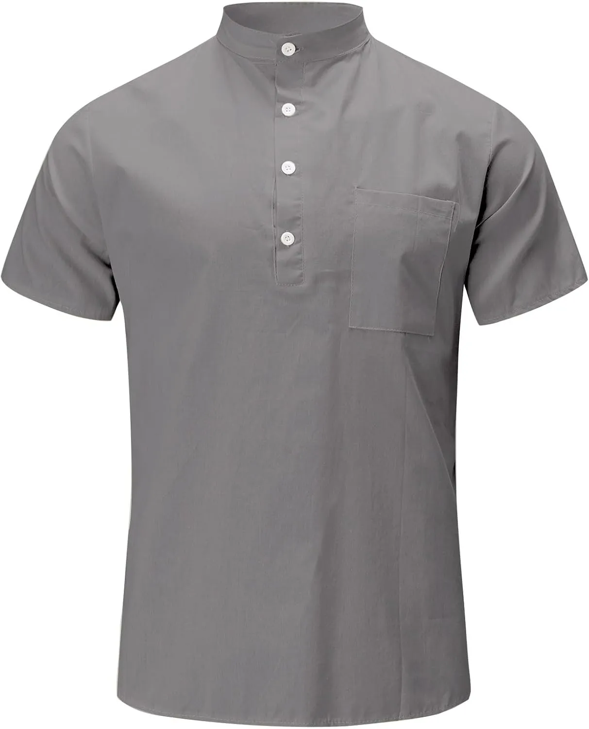 Cotton Linen Henley Shirts for Men Solid Short Sleeve Band Collar Shirt with Pocket Casual Summer Beach Tshirts