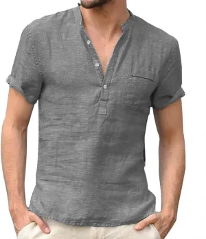 Cotton Linen Henley Shirts for Men Solid Short Sleeve Band Collar Shirt with Pocket Casual Summer Beach Tshirts