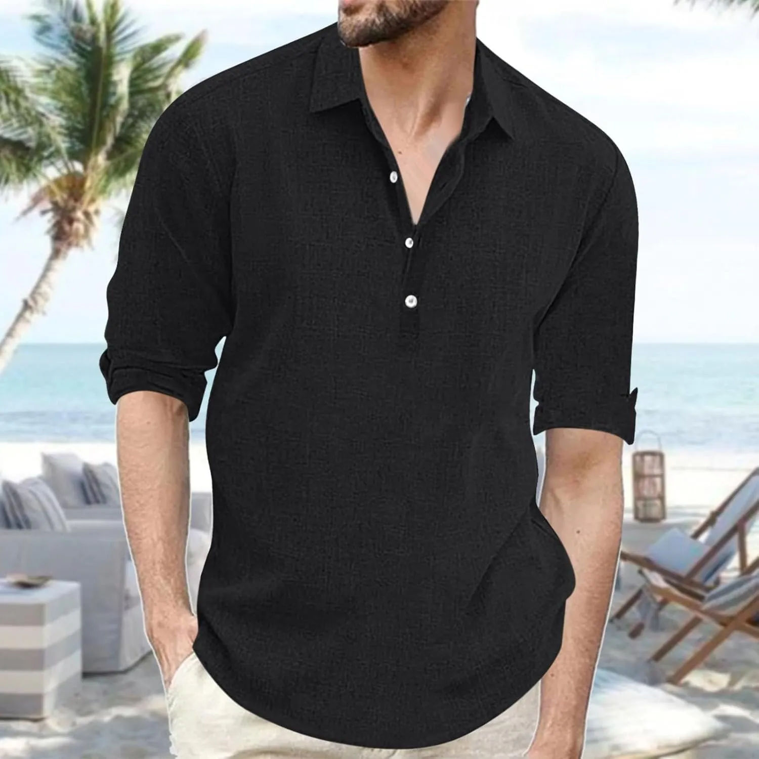 Cotton Linen Henley Shirts for Men Solid Short Sleeve Band Collar Shirt with Pocket Casual Summer Beach Tshirts