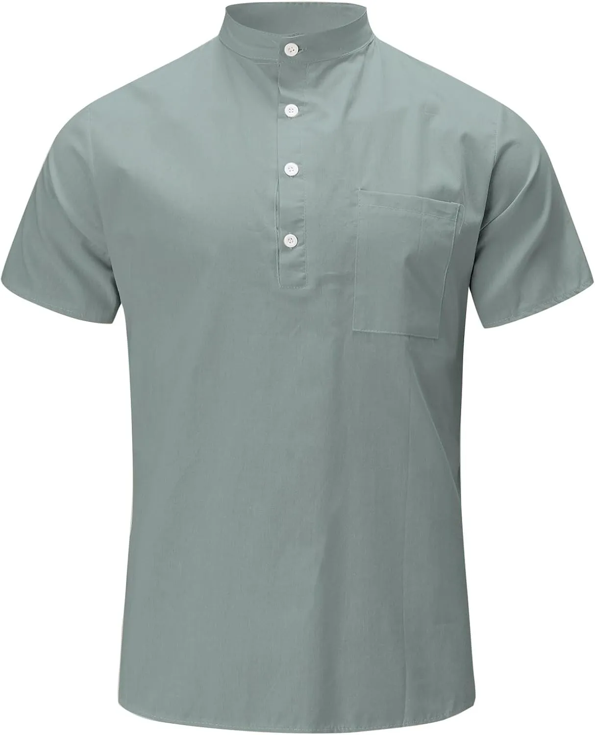 Cotton Linen Henley Shirts for Men Solid Short Sleeve Band Collar Shirt with Pocket Casual Summer Beach Tshirts