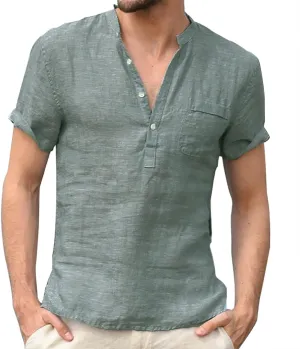 Cotton Linen Henley Shirts for Men Solid Short Sleeve Band Collar Shirt with Pocket Casual Summer Beach Tshirts