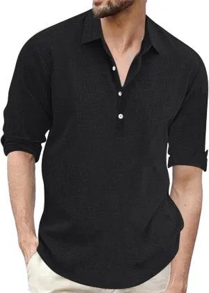 Cotton Linen Henley Shirts for Men Solid Short Sleeve Band Collar Shirt with Pocket Casual Summer Beach Tshirts