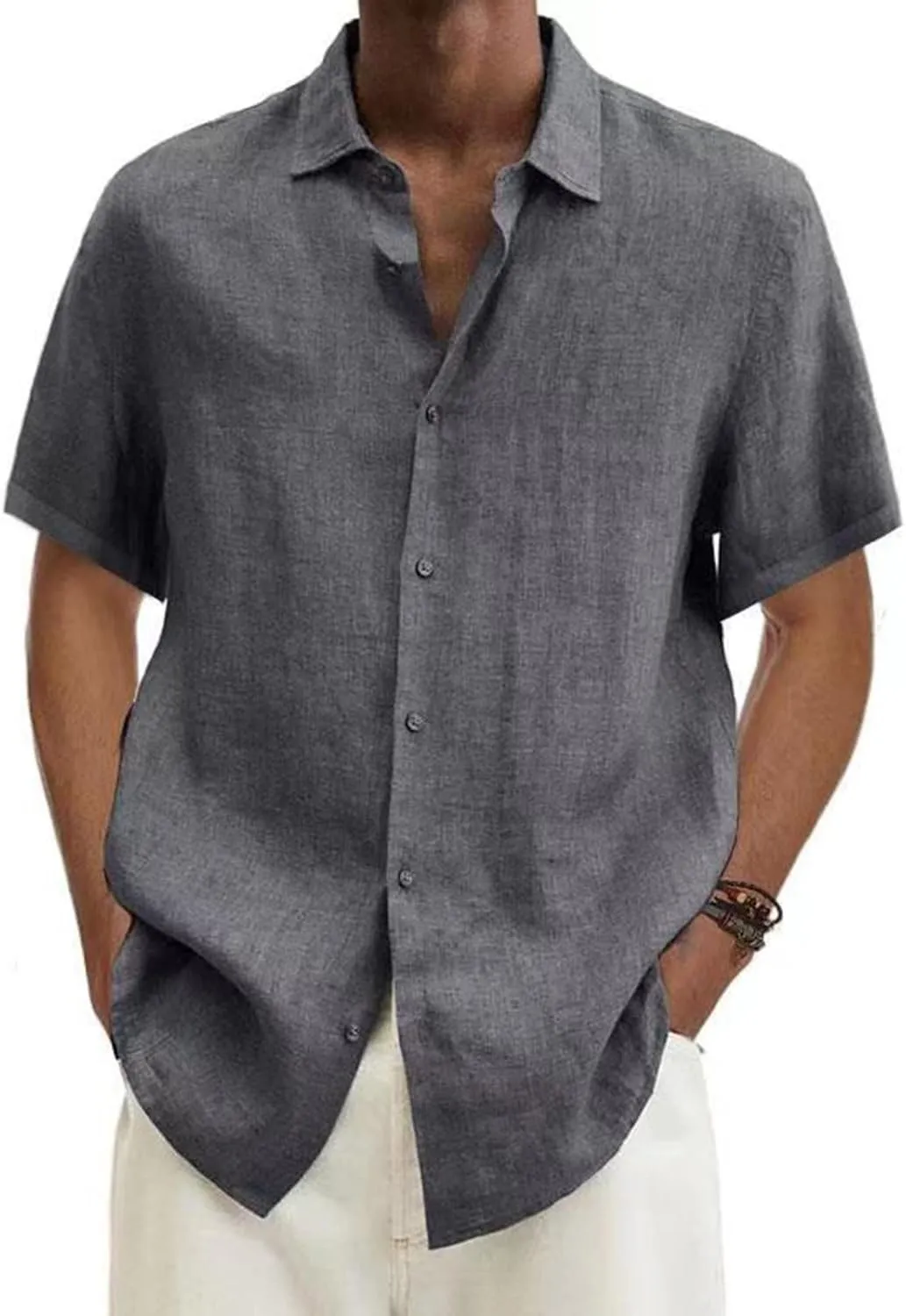 Cotton Linen Shirts for Men 2024 Summer Casual Short Sleeve Button Down T Shirt Regular Fit Solid Work Beach Shirt