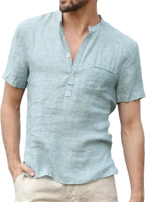 Cotton Linen Short Sleeve Shirts for Men Vintage Lightweight Button Up Hawaiian Beach T-Shirts Casual Pullover Tees