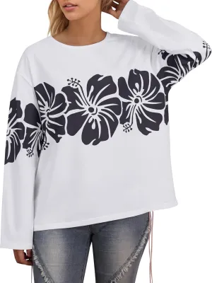 Cotton Oversized Hibiscus Tee Shirt for Women Floral Graphic Hawaiian T Shirts Casual Summer Vacation Loose Tops