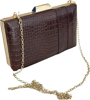 Crocodile Pattern Leather Evening Clutch Purse for Women, Brown, Gold Chain Strap, Metal Frame Closure, Formal Handbag