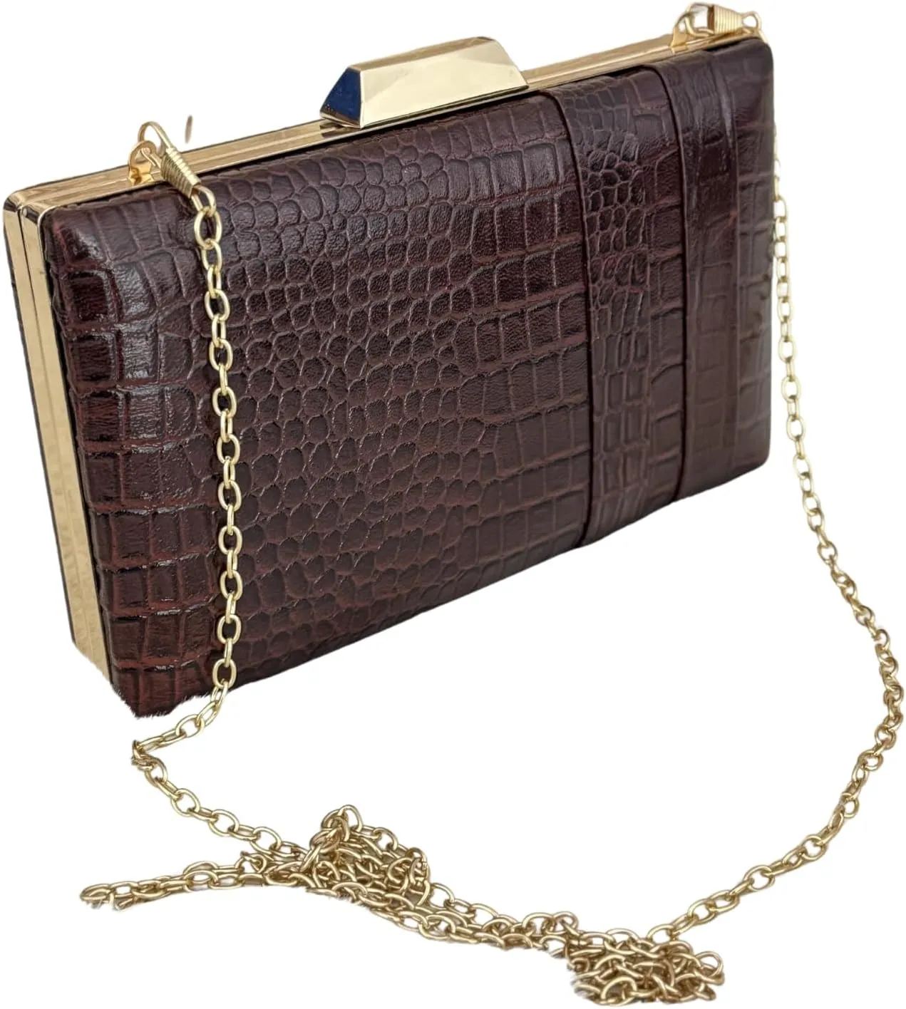 Crocodile Pattern Leather Evening Clutch Purse for Women, Brown, Gold Chain Strap, Metal Frame Closure, Formal Handbag