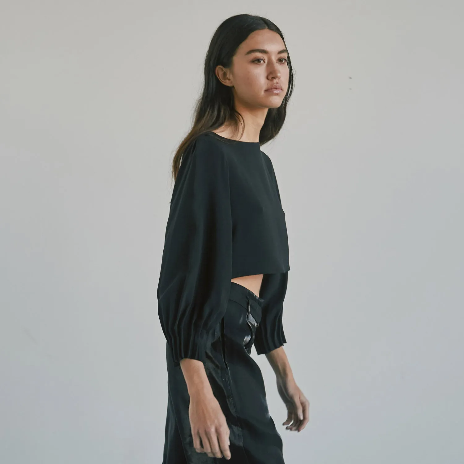 Cropped Silk Top with Crystals - Navy
