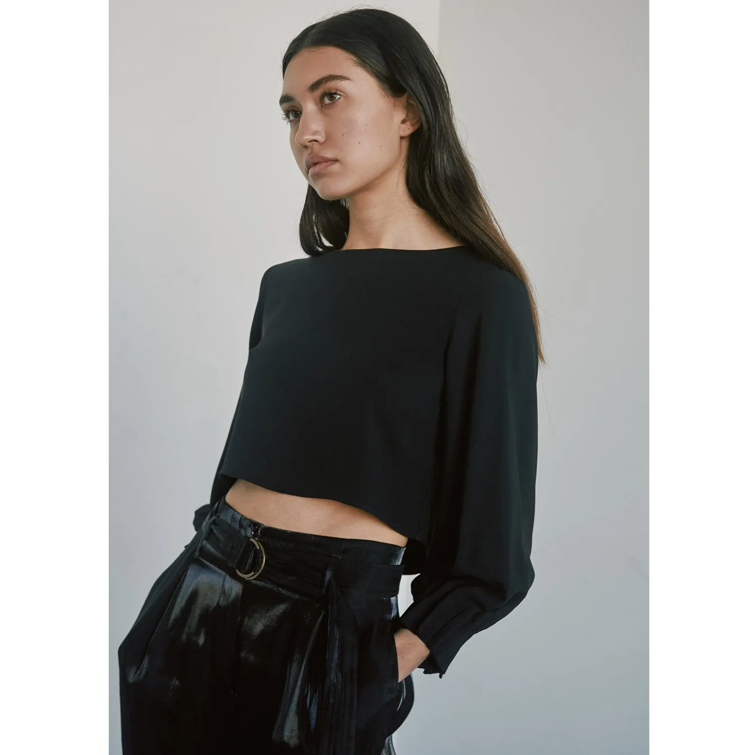 Cropped Silk Top with Crystals - Navy