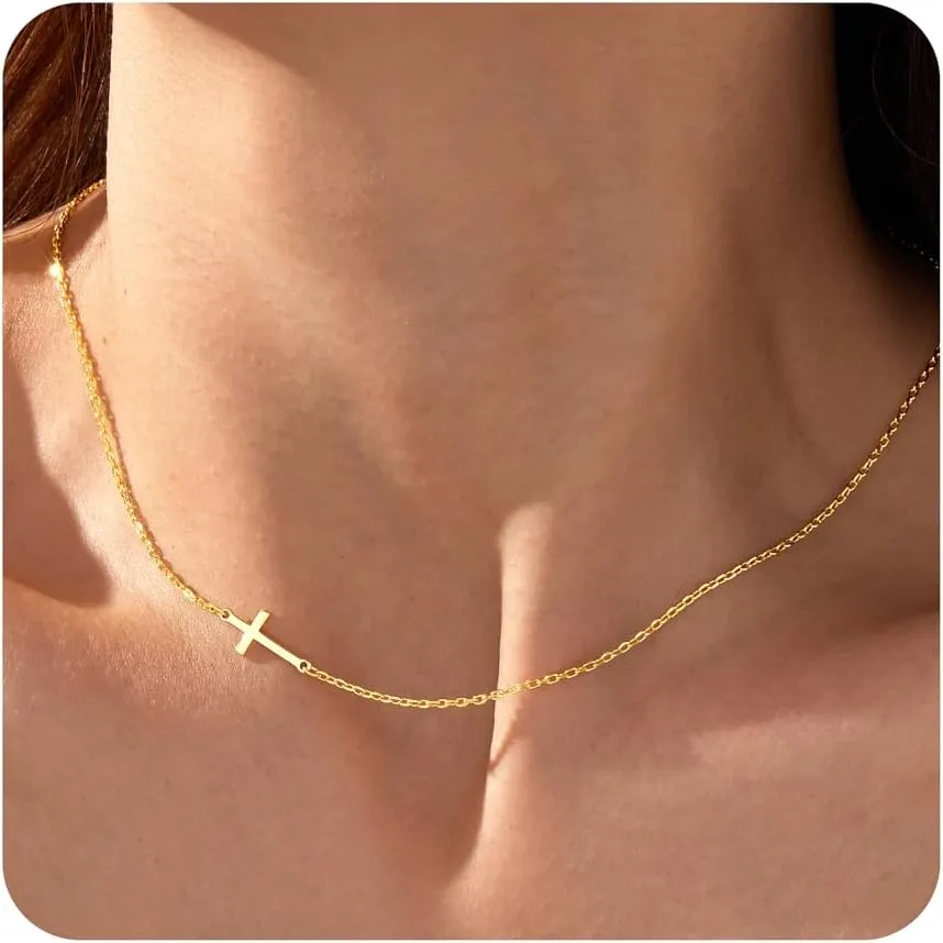 Cross Necklace for Women,14K Gold Plated Dainty Small Cross Pendant Necklace,Trendy Cute Easter Basket Stuffers Baptism Religious Faith Jewelry Gift