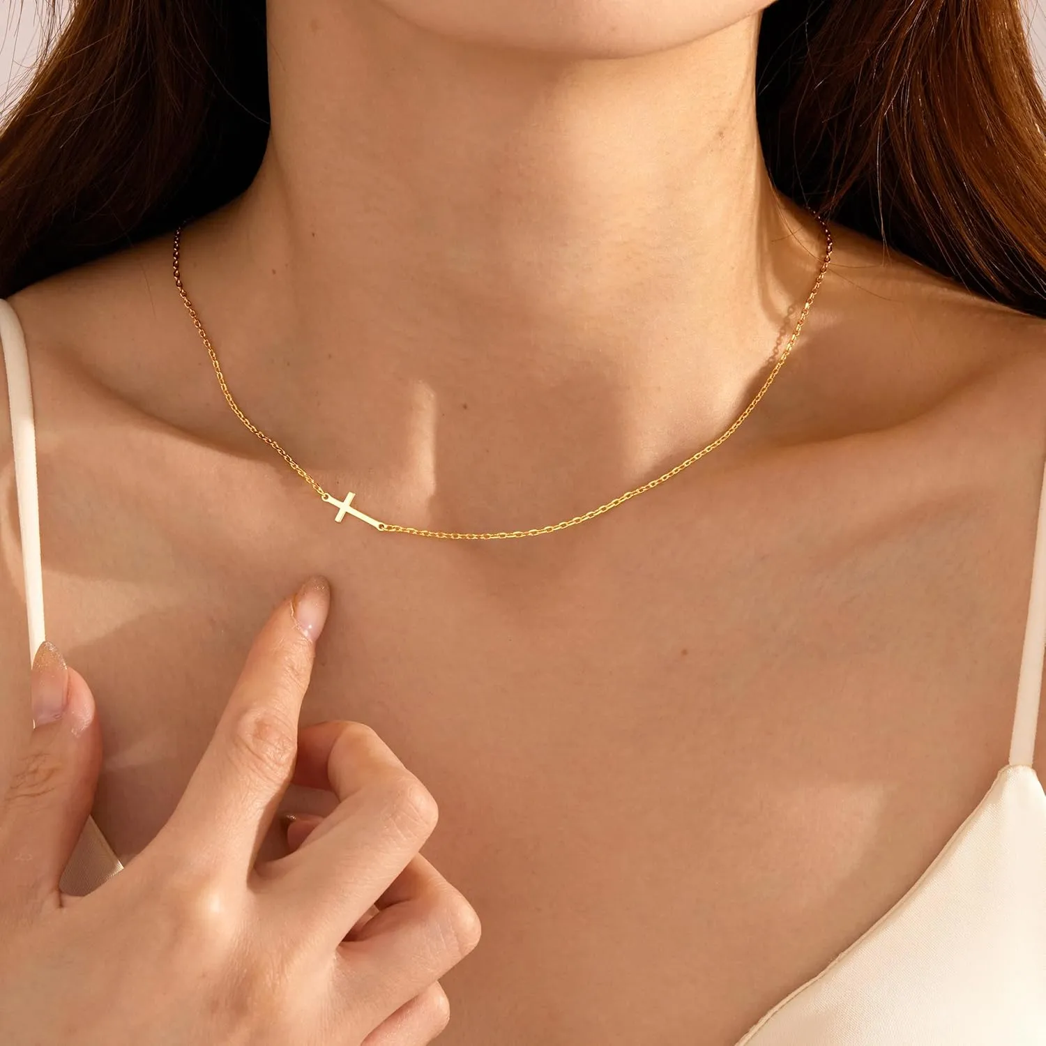 Cross Necklace for Women,14K Gold Plated Dainty Small Cross Pendant Necklace,Trendy Cute Easter Basket Stuffers Baptism Religious Faith Jewelry Gift