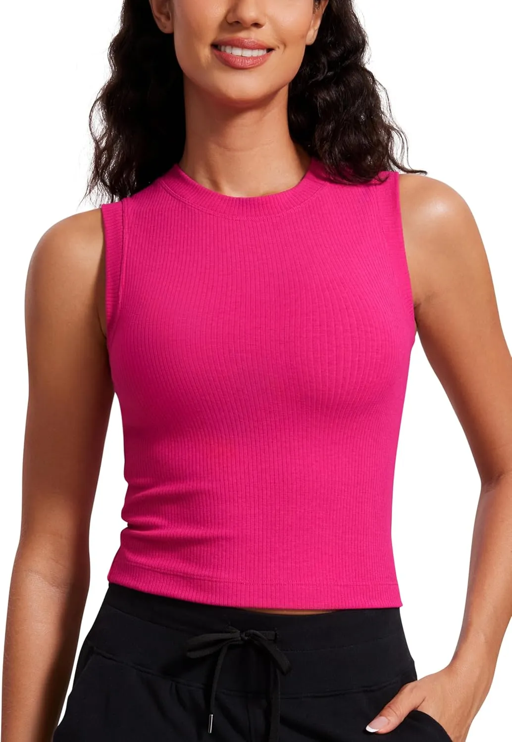 CRZ YOGA Womens Ribbed High Neck Tanks Sleeveless Fitted Basic Tops Going Out Casual Yoga Workout Shirts