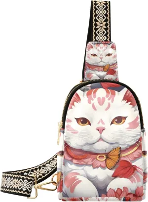 Cute Lucky Cat Flower Sling Bag for Women Fanny Packs for Women Small Leather Fanny Pack Crossbody Bags Fashion Waist Packs Chest Bag for Travel 21340516