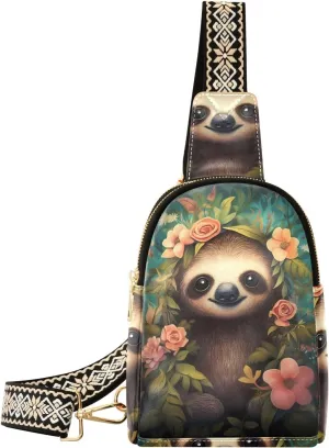 Cute Sloth Flower Floral Sling Bag for Women Fanny Packs for Women Small Leather Fanny Pack Crossbody Bags Fashion Waist Packs Chest Bag for Travel 21340782