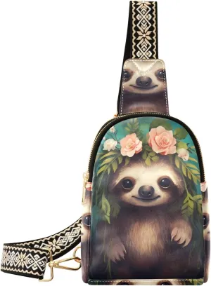Cute Sloth Flower Floral Sling Bag for Women Fanny Packs for Women Small Leather Fanny Pack Crossbody Bags Fashion Waist Packs Chest Bag for Travel 21341074