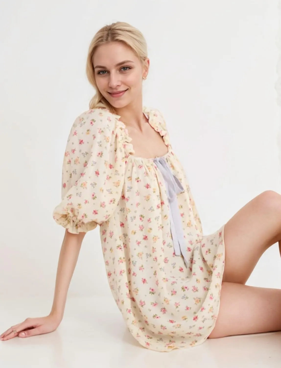 CUTEGAL Babydoll Dress for Women - Puff Sleeve, Bow, Fairy, Boho, Floral, Cute, Ruffle Mini Dress