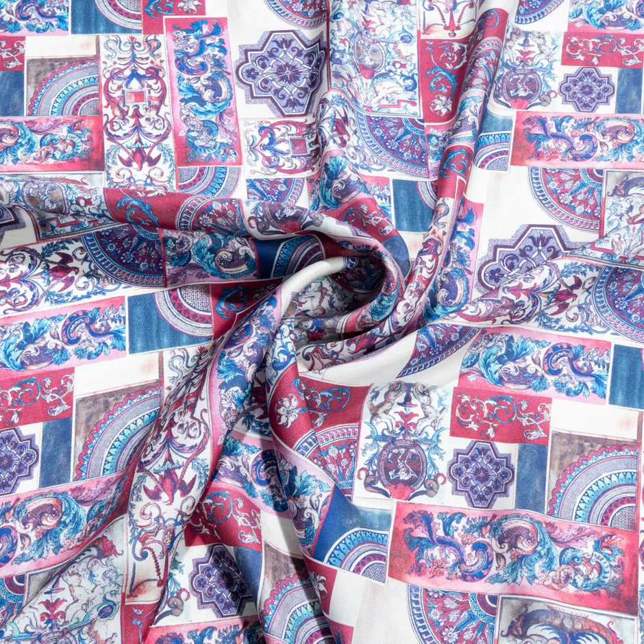 Deep Pink & Blue Patchwork Printed Pure Silk Twill