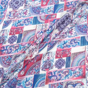 Deep Pink & Blue Patchwork Printed Pure Silk Twill