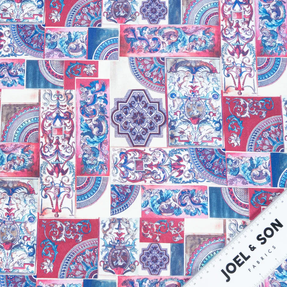 Deep Pink & Blue Patchwork Printed Pure Silk Twill