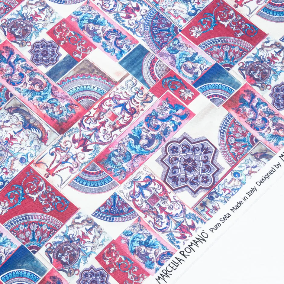 Deep Pink & Blue Patchwork Printed Pure Silk Twill