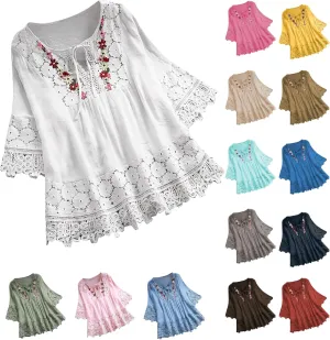 Dgoopd 3/4 Length Sleeve Womens Tops Oversized Cotton Tee Shirts Embroidered Floral Lace V Neck T-Shirt Summer Trendy Blouses