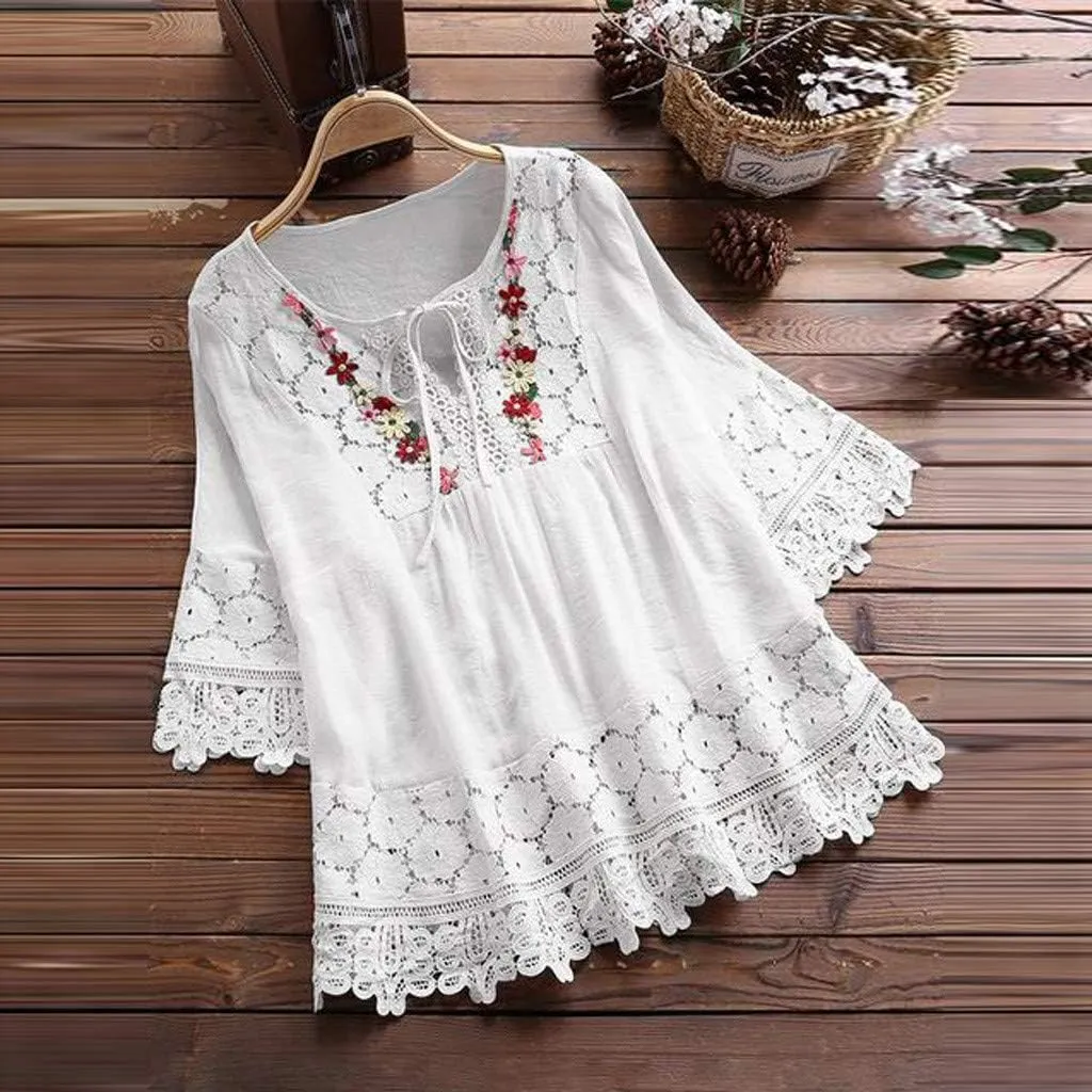 Dgoopd 3/4 Length Sleeve Womens Tops Oversized Cotton Tee Shirts Embroidered Floral Lace V Neck T-Shirt Summer Trendy Blouses