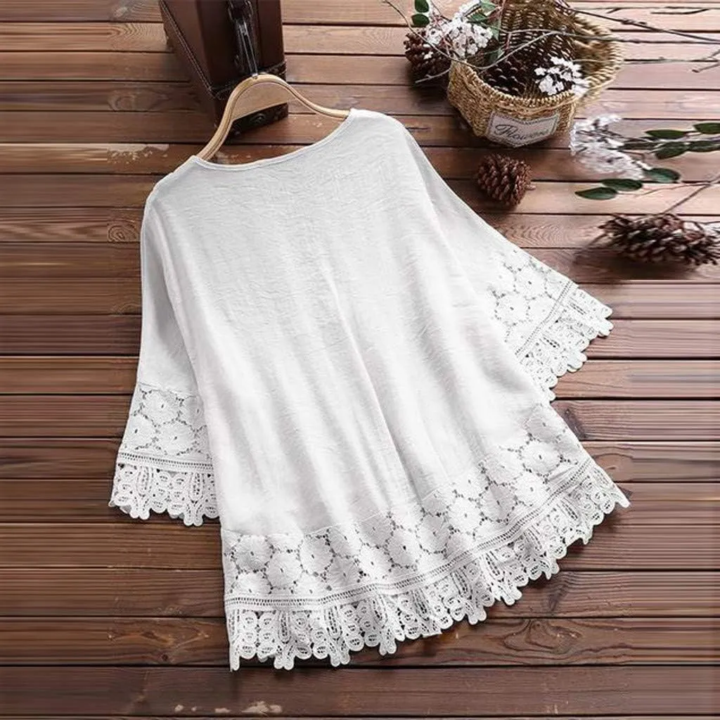 Dgoopd 3/4 Length Sleeve Womens Tops Oversized Cotton Tee Shirts Embroidered Floral Lace V Neck T-Shirt Summer Trendy Blouses