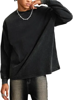 Dnzzs Men's Oversized T-Shirts Long Sleeve Crew Neck Sweatshirt Acid Wash Basic Cotton Tees Vintage Streetwear Tee Tops