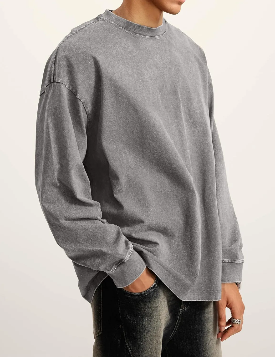 Dnzzs Men's Oversized T-Shirts Long Sleeve Crew Neck Sweatshirt Acid Wash Basic Cotton Tees Vintage Streetwear Tee Tops