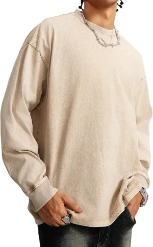 Dnzzs Men's Oversized T-Shirts Long Sleeve Crew Neck Sweatshirt Acid Wash Basic Cotton Tees Vintage Streetwear Tee Tops