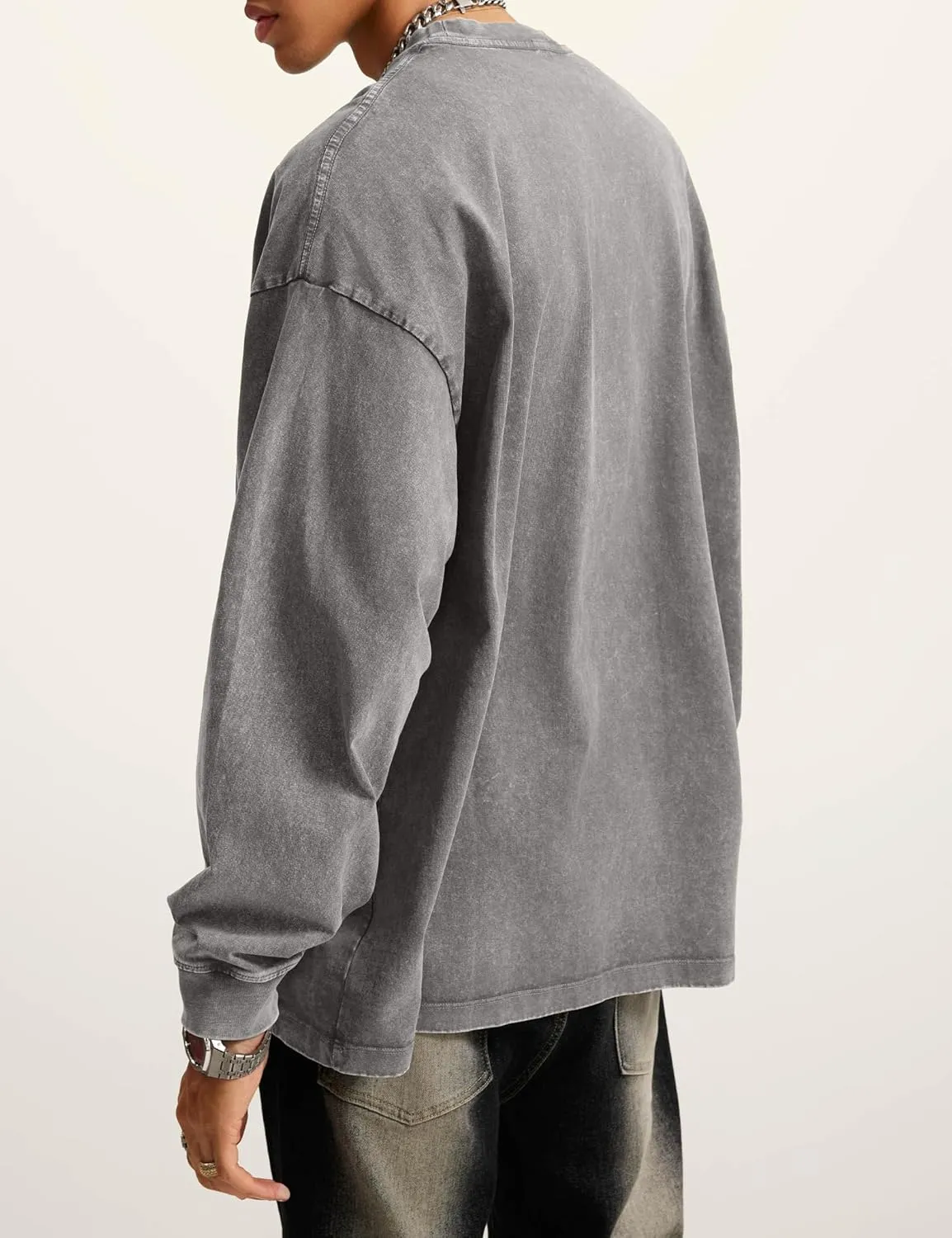 Dnzzs Men's Oversized T-Shirts Long Sleeve Crew Neck Sweatshirt Acid Wash Basic Cotton Tees Vintage Streetwear Tee Tops