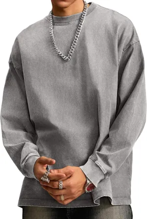Dnzzs Men's Oversized T-Shirts Long Sleeve Crew Neck Sweatshirt Acid Wash Basic Cotton Tees Vintage Streetwear Tee Tops