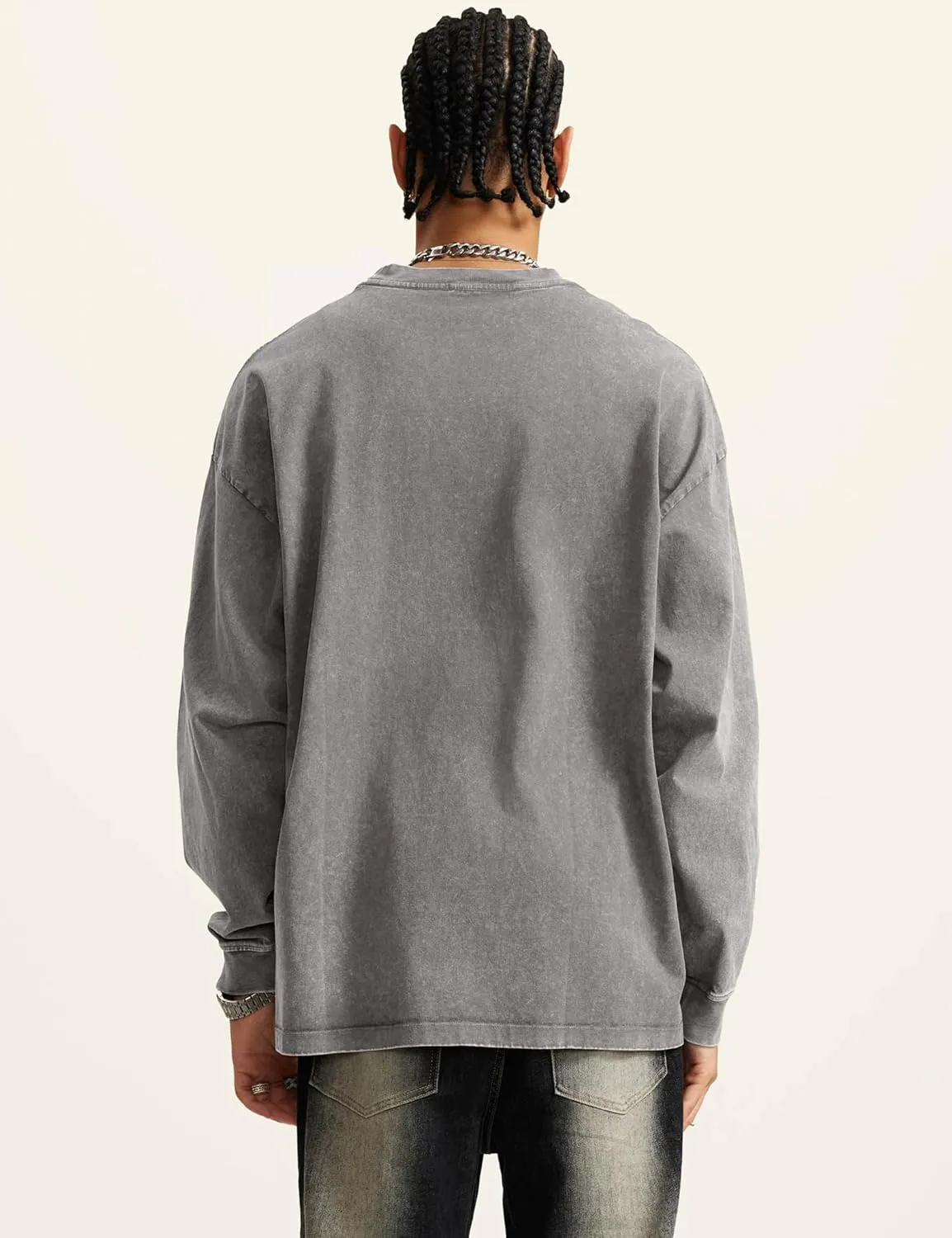 Dnzzs Men's Oversized T-Shirts Long Sleeve Crew Neck Sweatshirt Acid Wash Basic Cotton Tees Vintage Streetwear Tee Tops